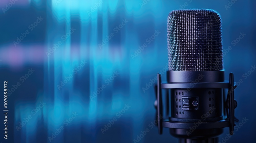 A classic microphone showcased against a serene blue background with an overlaid sound wave, symbolizing the world of audio recording, ideal for music, podcasting, and sound design themes A classic microphone showcased against a serene blue background with an overlaid sound wave, symbolizing the world of audio recording, ideal for music, podcasting, and sound design themes