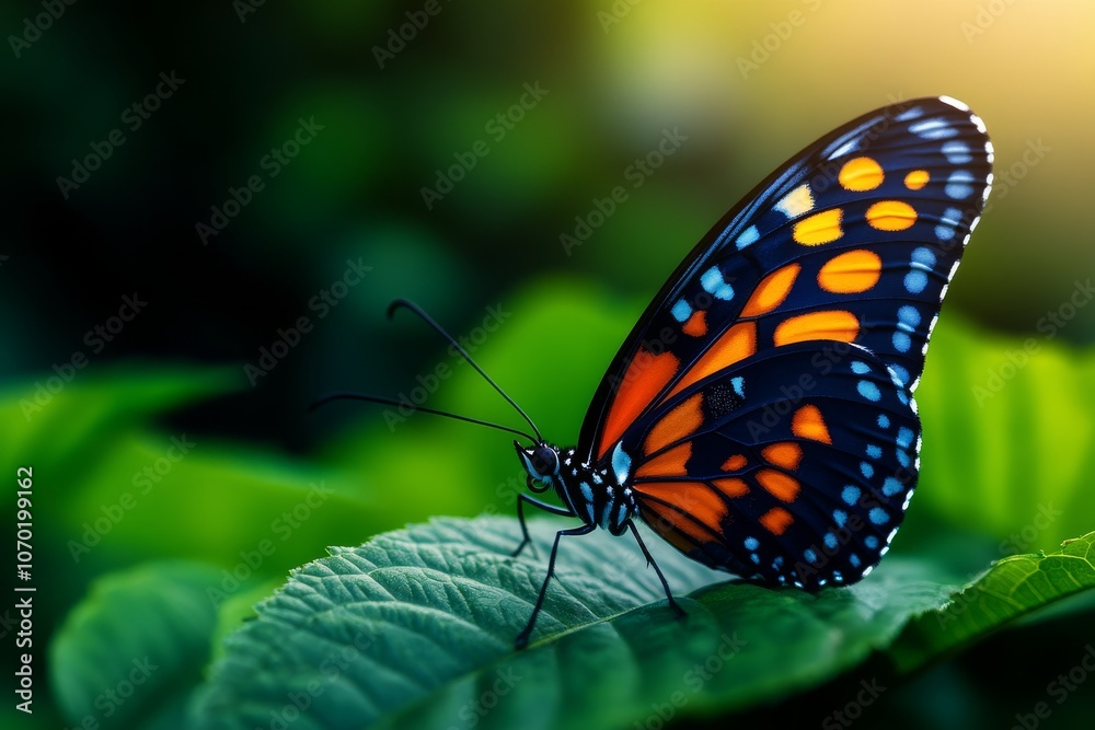 Colorful butterfly resting on green leaf serene nature close up Colorful butterfly resting on green leaf serene nature close up