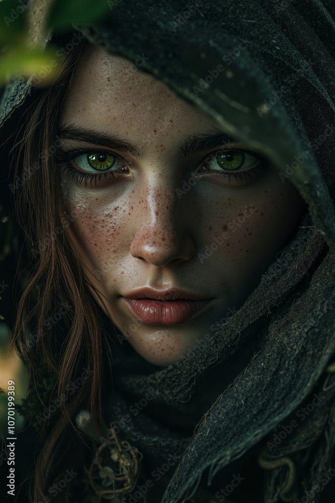A woman with green eyes and freckles wearing a hooded cloak A woman with green eyes and freckles wearing a hooded cloak