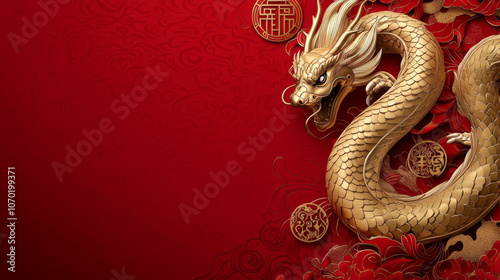 Golden dragon illustration on red background, symbolizing Year of Snake in Chinese zodiac, with intricate patterns and auspicious symbols.