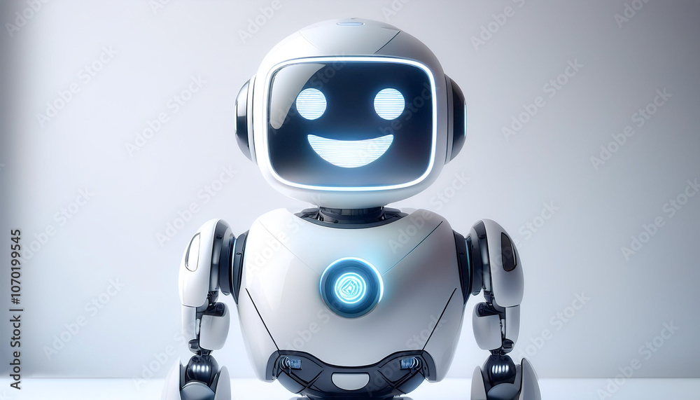 AI robot with a minimalist face screen displaying a smiling emoticon AI robot with a minimalist face screen displaying a smiling emoticon