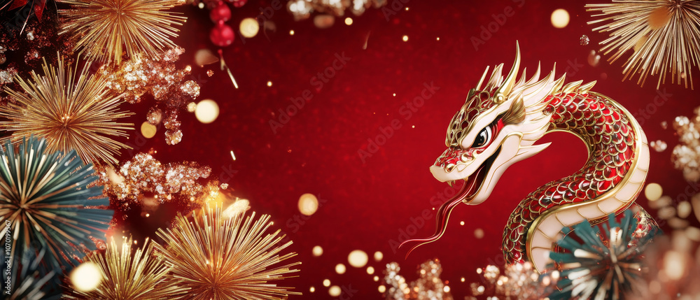 vibrant Lunar New Year scene features stylized snake zodiac sign surrounded by festive fireworks and sparkling decorations, creating joyful and celebratory atmosphere. vibrant Lunar New Year scene features stylized snake zodiac sign surrounded by festive fireworks and sparkling decorations, creating joyful and celebratory atmosphere.