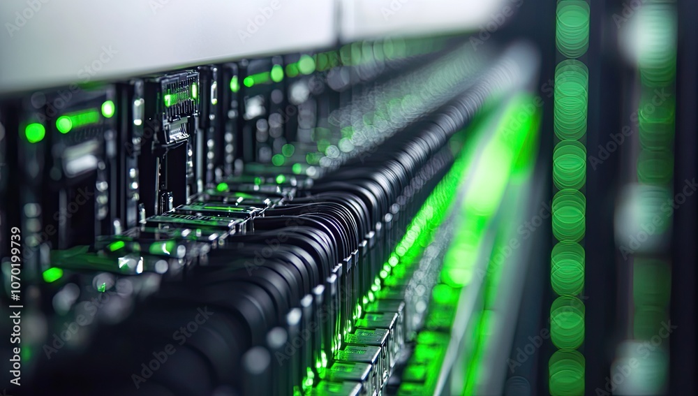 A row of servers in a data center has green lights showing they are on A row of servers in a data center has green lights showing they are on