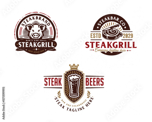 Set vintage pork steak grill pig hot barbecue logo template for food gourmet business