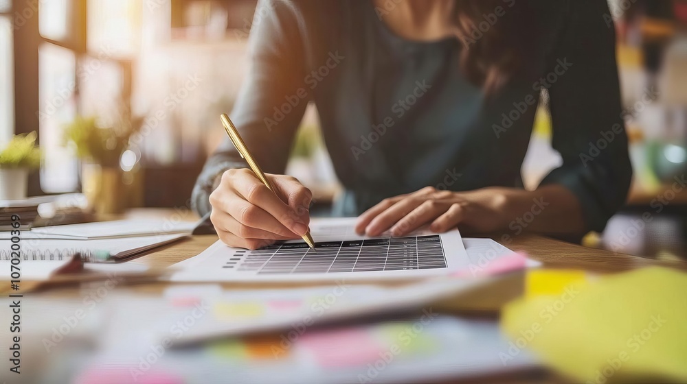 Businessperson setting goals on digital planner, intense focus, modern office background, warm tones Businessperson setting goals on digital planner, intense focus, modern office background, warm tones