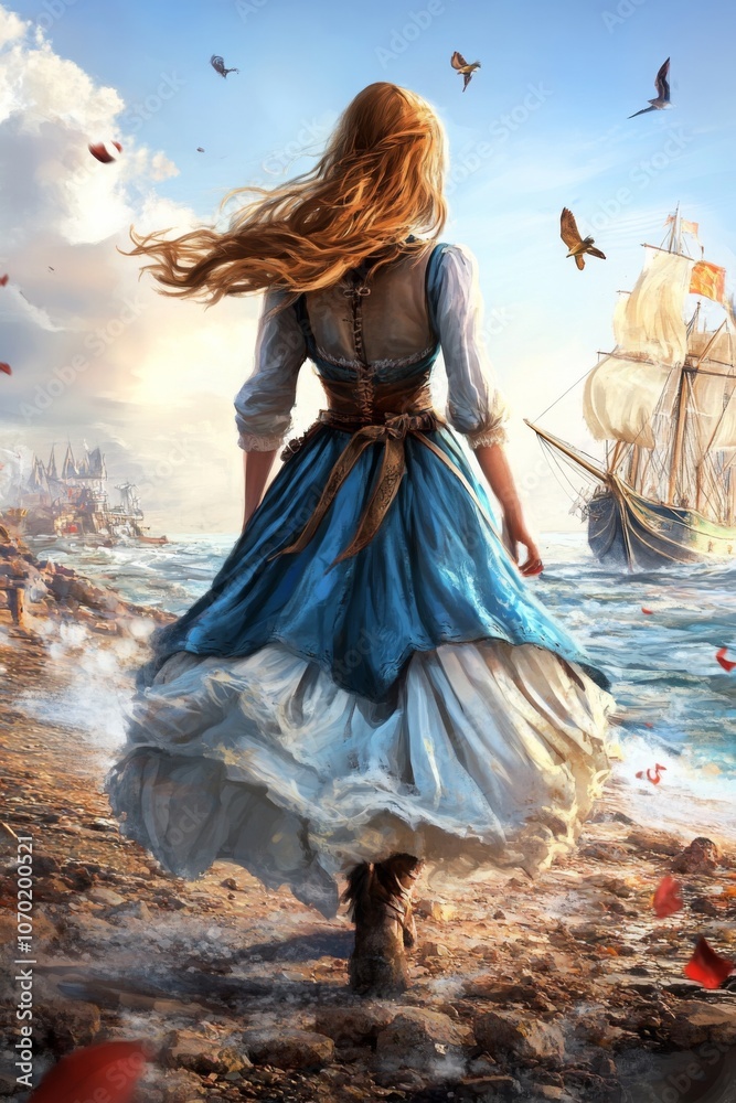 A young woman in a flowing blue dress walks along the shore, gazing at a distant ship on a bright, sunny day by the ocean A young woman in a flowing blue dress walks along the shore, gazing at a distant ship on a bright, sunny day by the ocean