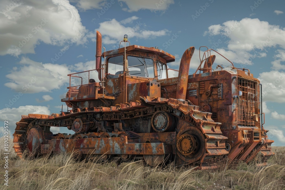 Old abandoned rusty bulldozer sitting in field under cloudy sky Old abandoned rusty bulldozer sitting in field under cloudy sky