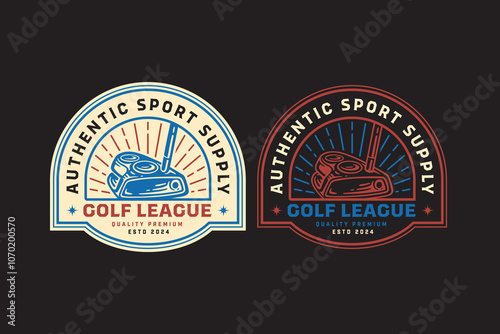 putter golf club with glint line retro badge logo design set for golfer, golf club, professional team, sport and tournament. putter golf stick with sunburst emblem illustration logo