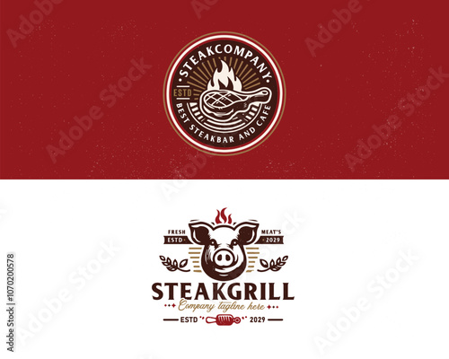 Set vintage pork steak grill pig hot barbecue logo template for food gourmet business