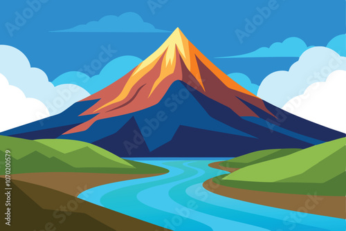 Beautiful mountain view. A large mountain surrounded by a river. Vector