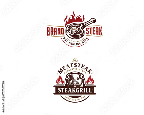 Set vintage pork steak grill pig hot barbecue logo template for food gourmet business