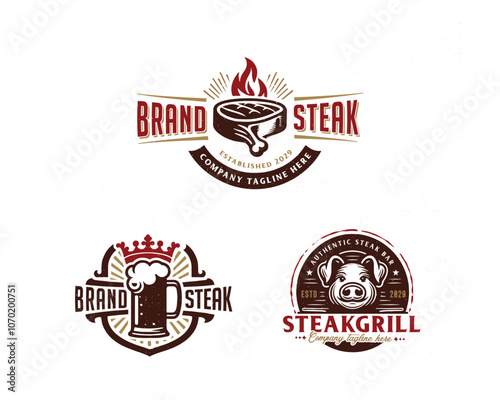 Set vintage pork steak grill pig hot barbecue logo template for food gourmet business
