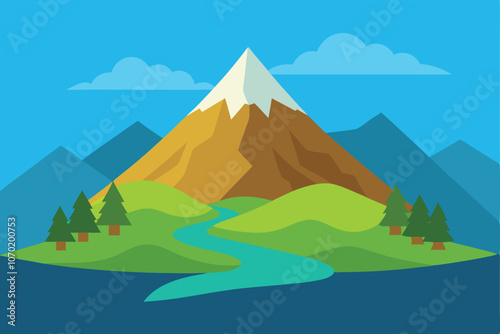 Beautiful mountain view. A large mountain surrounded by a river. Vector