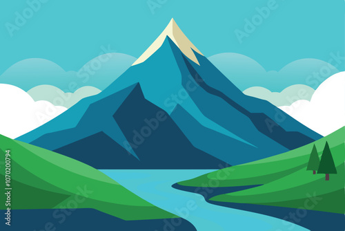 Beautiful mountain view. A large mountain surrounded by a river. Vector