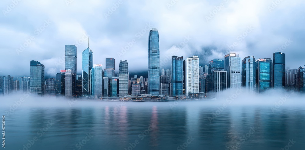 Cityscape Shrouded in Heavy Fog, Creating a Mysterious Atmosphere and Softening Urban Landmarks Cityscape Shrouded in Heavy Fog, Creating a Mysterious Atmosphere and Softening Urban Landmarks