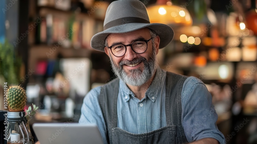 A man in a cafe with a hat, glasses, and beard. The man is smiling, using a laptop, and the photo is perfect for depicting a happy entrepreneur or a successful business owner. A man in a cafe with a hat, glasses, and beard. The man is smiling, using a laptop, and the photo is perfect for depicting a happy entrepreneur or a successful business owner.