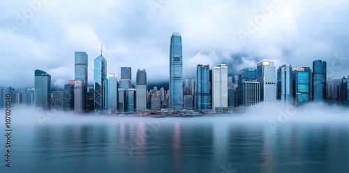 Cityscape Shrouded in Heavy Fog, Creating a Mysterious Atmosphere and Softening Urban Landmarks