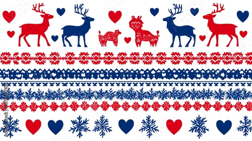 Classic red and blue Nordic pattern with alternating rows of reindeer, birds, and heart symbols.