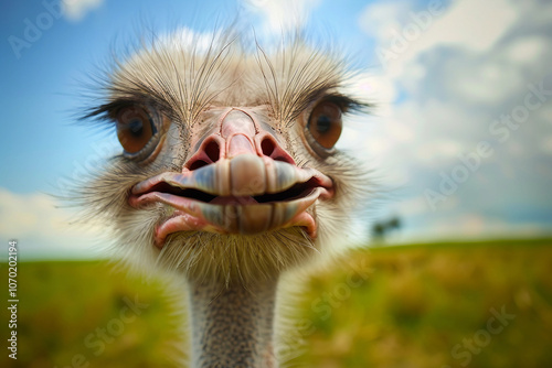 Generated AI picture of ostrich friendly bird on rural farm photo