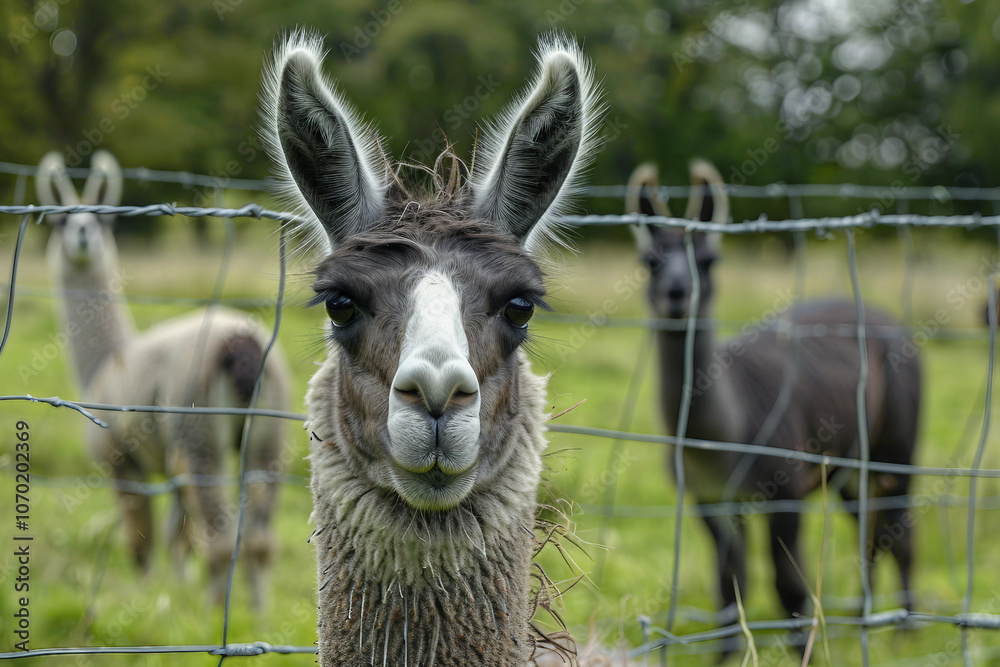 Obraz premium Generated AI portrait of brown or beige alpaca on a green field grass