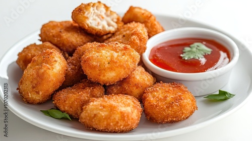 Nuggets served with a flavorful sweet chili sauce create a delicious combination. Enjoy these hot chili nuggets alongside the tasty sweet chili sauce. Copy space.