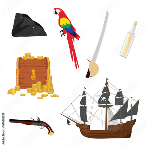 Cartoon pirate set parrot, bottle with treasure map, pirate hat, sailing ship, cutlass and old treasure chest with gold