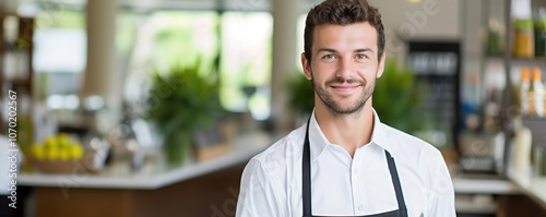 Friendly cashier assisting customers at a grocery store  photo