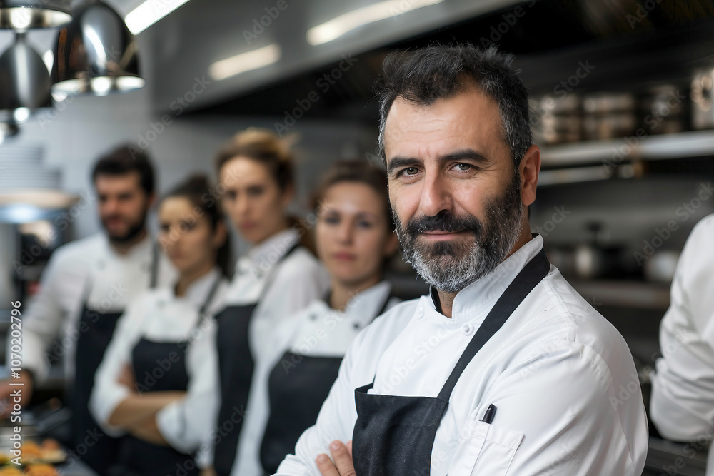 Generative AI Image of Professional Chef and Kitchen Staff Working in Restaurant Kitchen Generative AI Image of Professional Chef and Kitchen Staff Working in Restaurant Kitchen