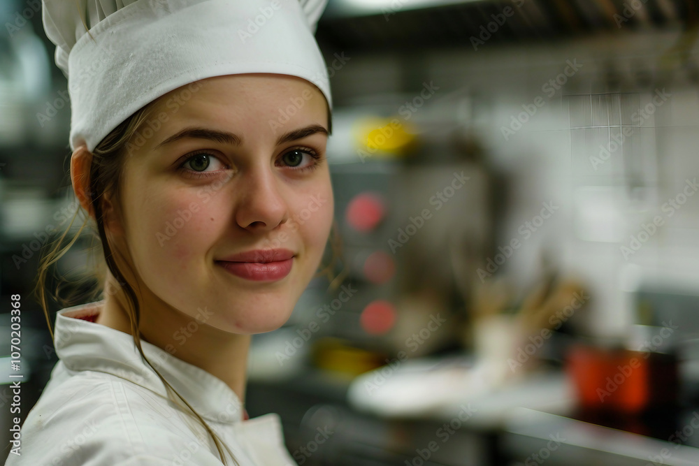 Generative AI Image of Smiling Professional Female Chef in Restaurant Kitchen Generative AI Image of Smiling Professional Female Chef in Restaurant Kitchen