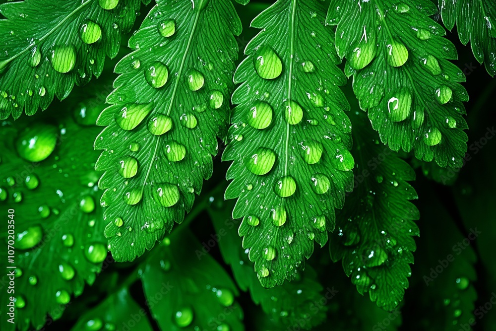 Close-Up of Fresh Green Leaves with Dew Drops and Natural Glossy Finish Close-Up of Fresh Green Leaves with Dew Drops and Natural Glossy Finish
