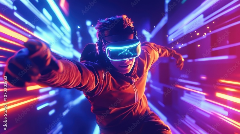 A cartoon 3D gamer in a virtual reality game, battling enemies with glowing weapons in a fast-paced, colorful arena filled with virtual traps and glowing obstacles. A cartoon 3D gamer in a virtual reality game, battling enemies with glowing weapons in a fast-paced, colorful arena filled with virtual traps and glowing obstacles.
