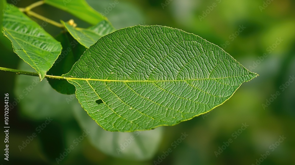 A single green leaf with visible veins and a small hole on the surface. A single green leaf with visible veins and a small hole on the surface.