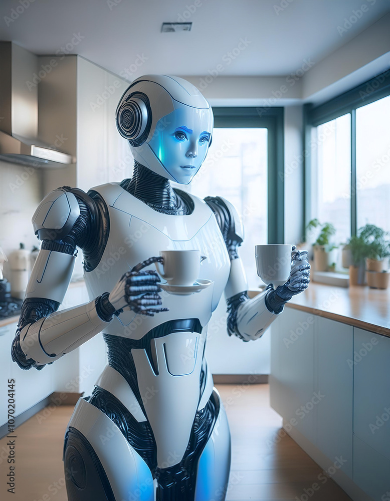 Friendly AI robot with a futuristic design holding a coffee cup, standing in a clean, modern kitchen setting Friendly AI robot with a futuristic design holding a coffee cup, standing in a clean, modern kitchen setting