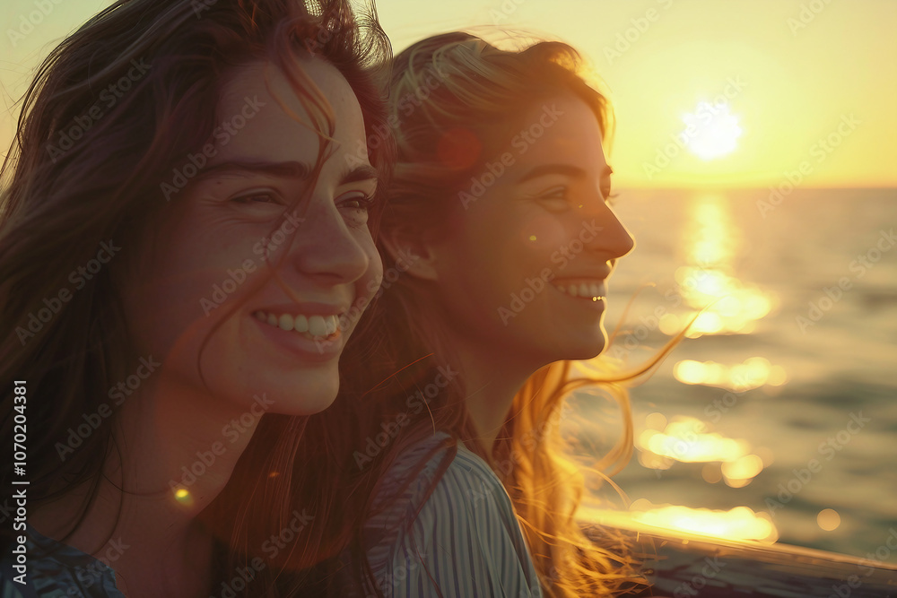 Cheerful couple friends enjoying time on pier at sunset generative AI concept Cheerful couple friends enjoying time on pier at sunset generative AI concept