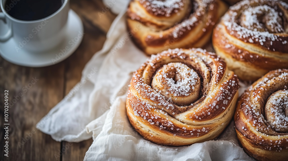 Freshly baked cinnamon buns topped with pearl sugar, served alongside a cup of coffee, capturing the cozy atmosphere of a traditional Swedish fika. Freshly baked cinnamon buns topped with pearl sugar, served alongside a cup of coffee, capturing the cozy atmosphere of a traditional Swedish fika.