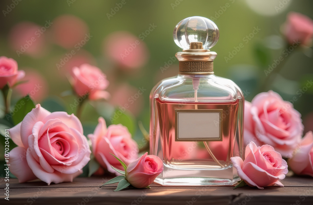 A beautiful bottle of fragrant perfume is elegantly surrounded by a bouquet of lovely pink roses, creating a lovely and aesthetic display