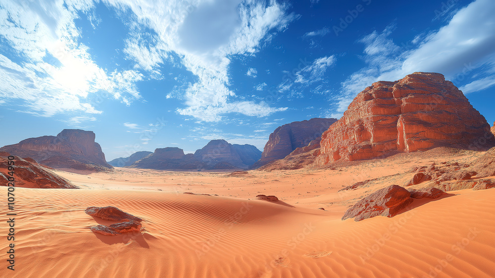 Naklejka premium Breathtaking panorama of Al Ula's rocky desert formations with picturesque sand dunes in the foreground