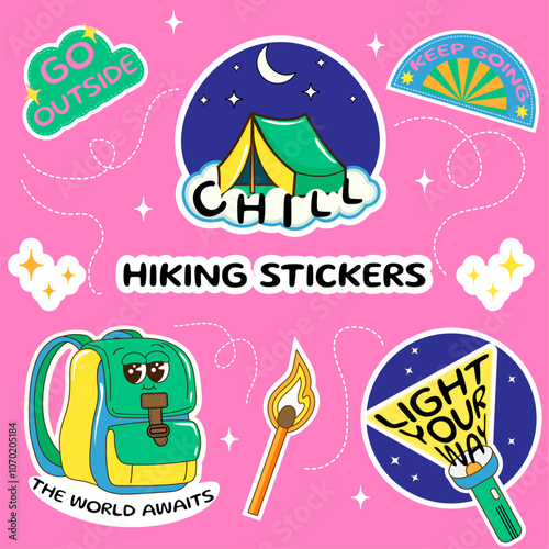 Set of hiking travel stickers with fleshlight, match, tennt, backpack in y2k style