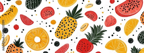 Tropical-inspired, colorful fruit design with botanical elements and a clean background.