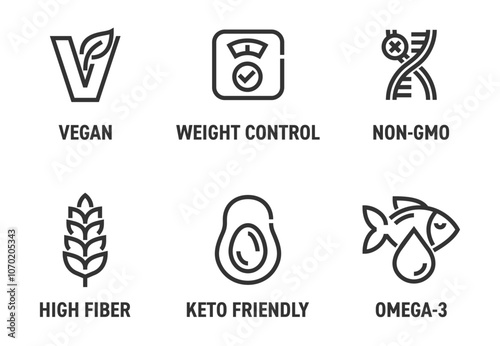 Main features icons for food dietary supplement labeling in bold line