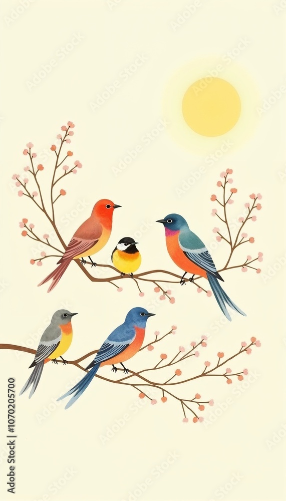 Fototapeta premium Colorful illustration of birds on branches with spring blossoms and sun 