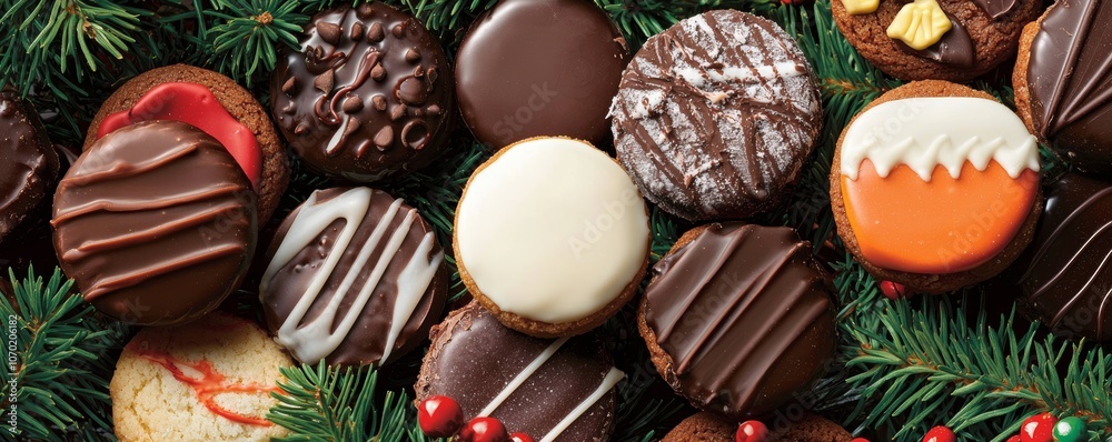 Whimsical display of holiday chocolates and cookies with random color decorations, nestled among holly sprigs on a bright background. Whimsical display of holiday chocolates and cookies with random color decorations, nestled among holly sprigs on a bright background.