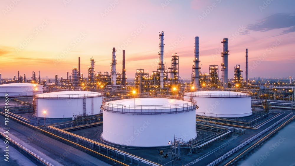 Obraz premium Wide view of refinery complex with towering stacks and storage tanks under a clear blue sky