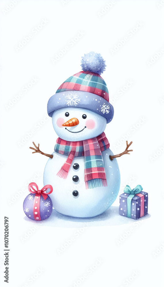 Fototapeta premium A cute snowman dressed in winter clothes, watercolor illustration with isolated background. Generative AI.