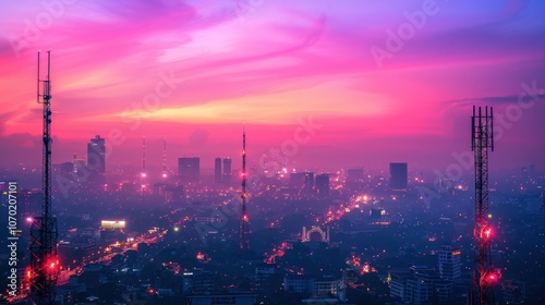 A vibrant image of a city skyline with visible telecommunications towers, showcasing the critical role of infrastructure in keeping urban populations connected through voice, data, and internet servic photo