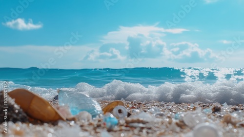 Beach littered with plastic waste, contrasting against vibrant blue waves and a clear sky.