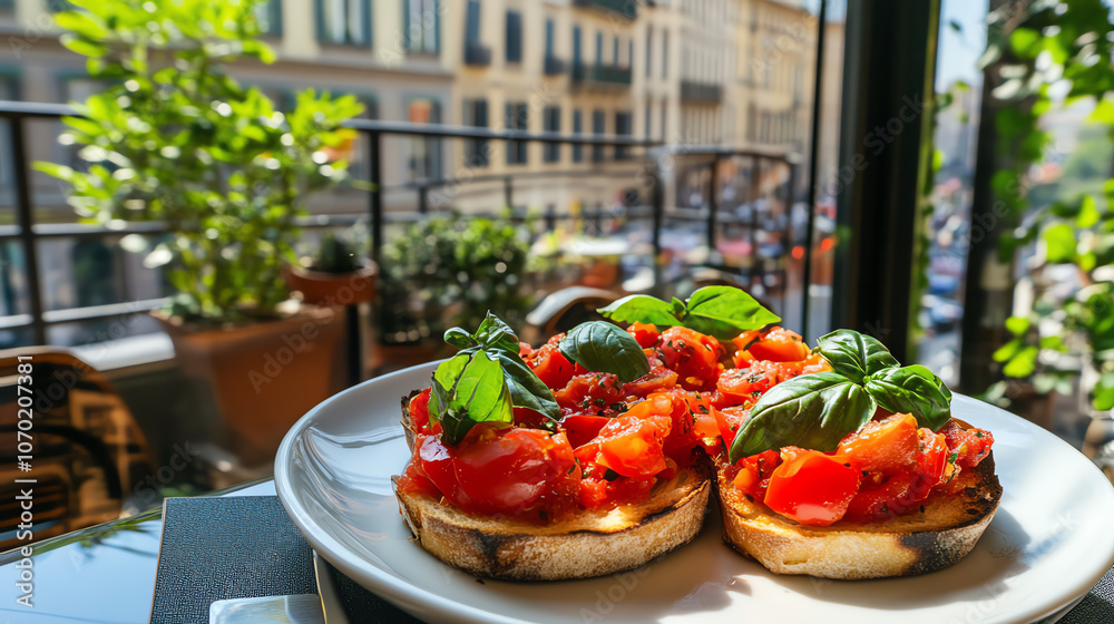 Bruschetta with tomatoes and basil, served at an openair Italian cafe with views of Milan s cityscape, vibrant street lighting Bruschetta with tomatoes and basil, served at an openair Italian cafe with views of Milan s cityscape, vibrant street lighting