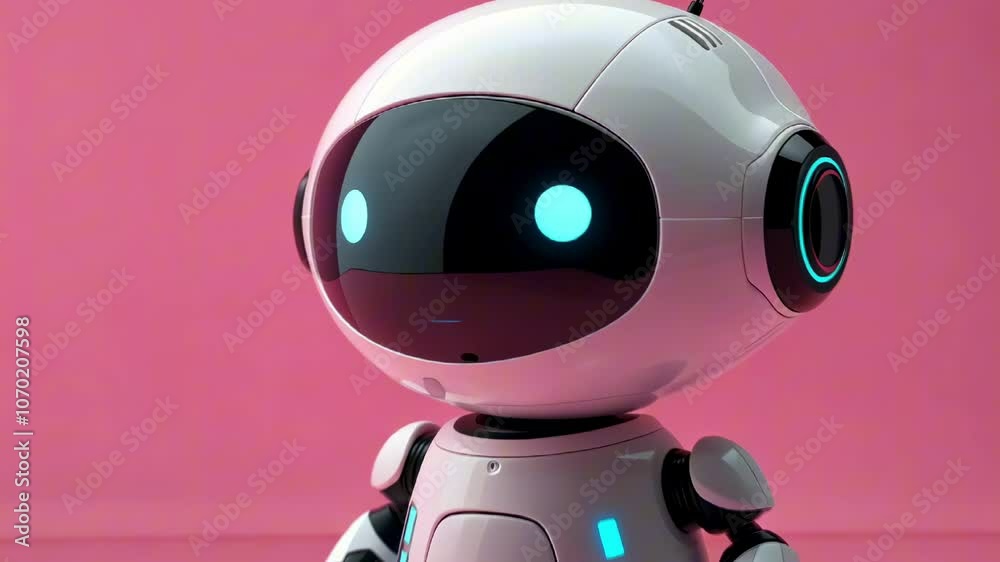 White Robot Assistant with blue eyes saying in solid pink minimalist background. Chatbot Mascot. Futuristic Technology White Robot Assistant with blue eyes saying in solid pink minimalist background. Chatbot Mascot. Futuristic Technology