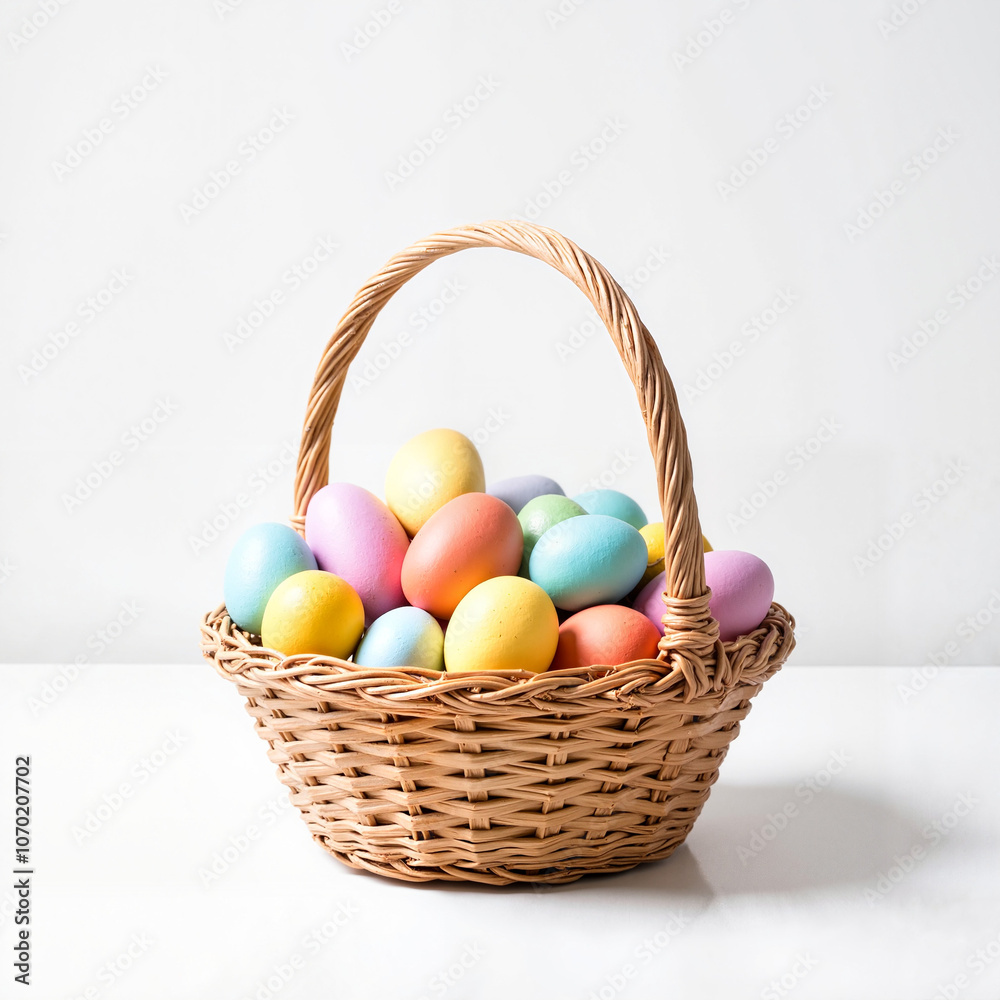 Easter basket filled with colorful eggs white background, Al Generation Easter basket filled with colorful eggs white background, Al Generation