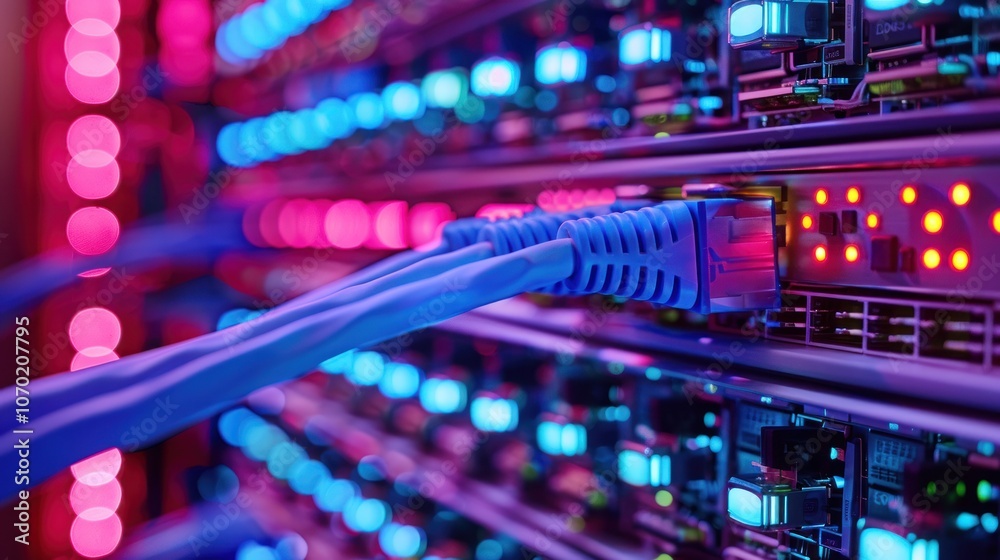 A vibrant image of a high-speed fiber optic cable connected to a server, symbolizing the critical role of internet infrastructure in modern telecommunications networks, enabling fast data transmission A vibrant image of a high-speed fiber optic cable connected to a server, symbolizing the critical role of internet infrastructure in modern telecommunications networks, enabling fast data transmission